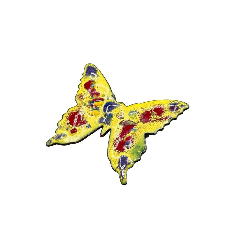 Vintage 70s Butterfly Brooch Enamel Over Copper Handcrafted Yellow Red Purple